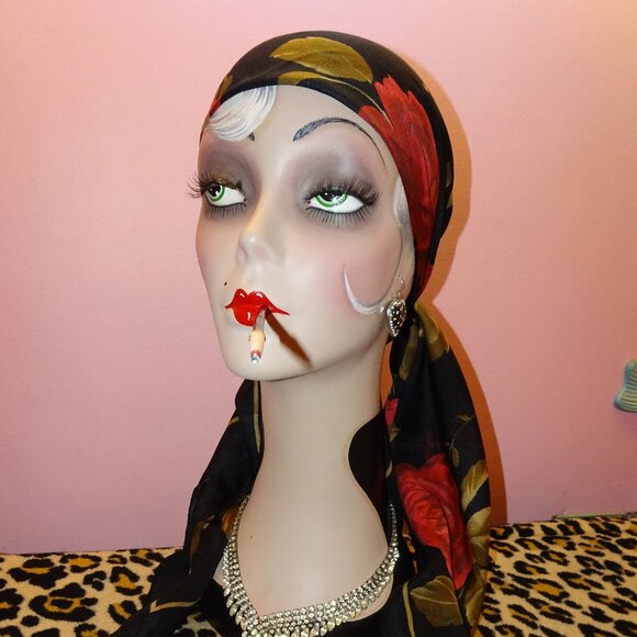 Vintage Kathie Lee Collection Extra Large Floral Scarf black roses head wrap bow - Picture 16 of 16